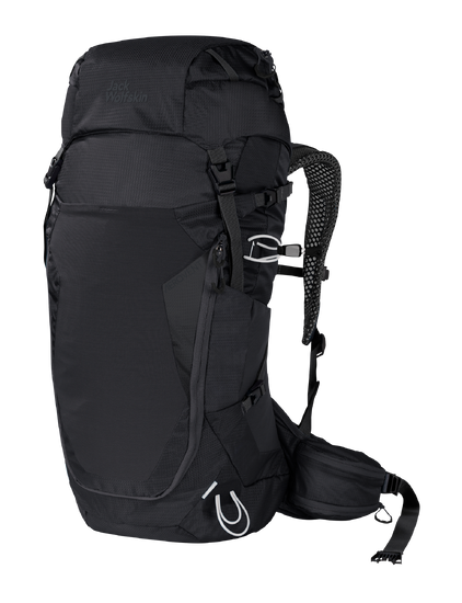Black Hiking Pack With Advanced Back Ventilation And Short Back Length For Multi-Day Hikes In Warm Regions, Made From Recycled Materials