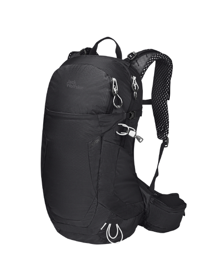 Black Hiking Pack With Advanced Back Ventilation And Short Back Length For Day Hikes In Warm Regions, Made From Recycled Materials