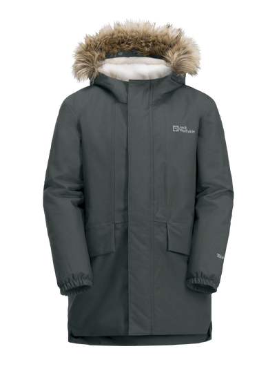 Slate Green Long, Classically Styled Insulated Parka For Kids.